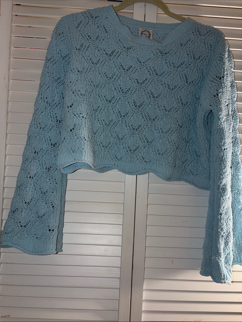 Blue Rain Blue Scalloped Crochet Long Sleeve Sweater Size Medium